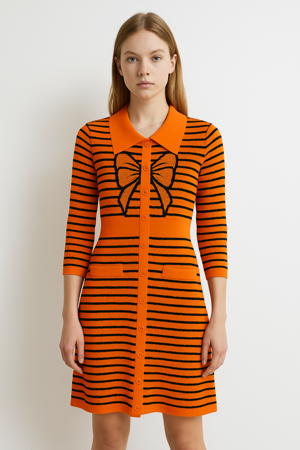 Bow Designed Full Sleeve Black Strip Dress FC1867