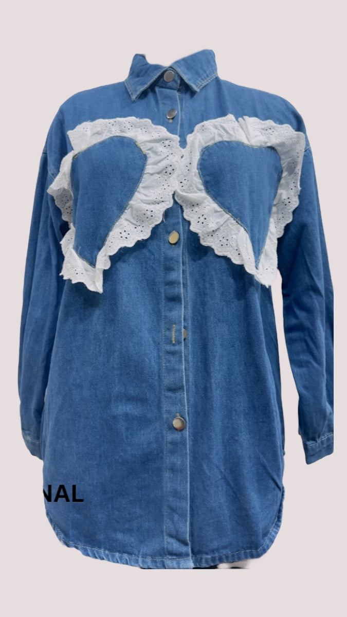 Two Heart Embroidery Design Denim Shirt FC1472