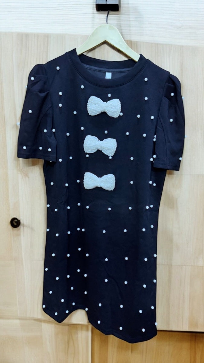 Pearl Design Bow Embedded Mini Dress FC1935