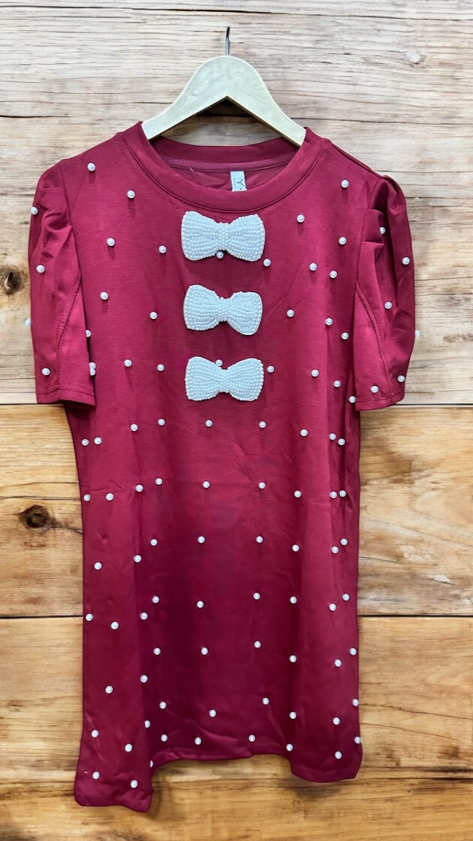 Pearl Design Bow Embedded Mini Dress FC1935