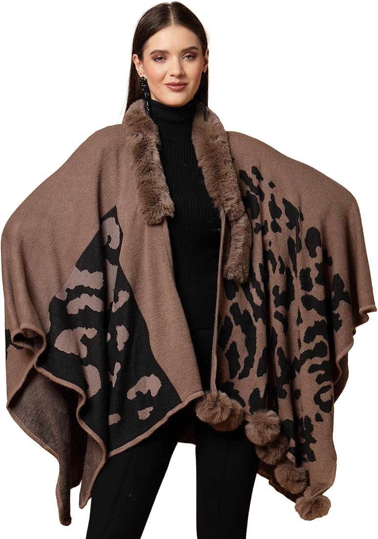 FC Woollen Knitted Furr Neck Women Printed poncho Capes