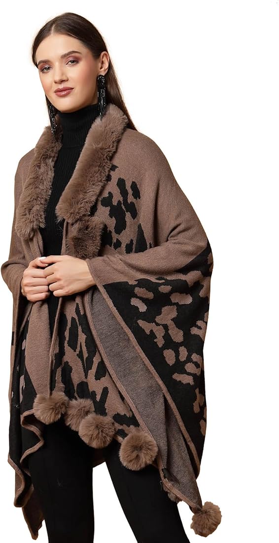 FC Woollen Knitted Furr Neck Women Printed poncho Capes