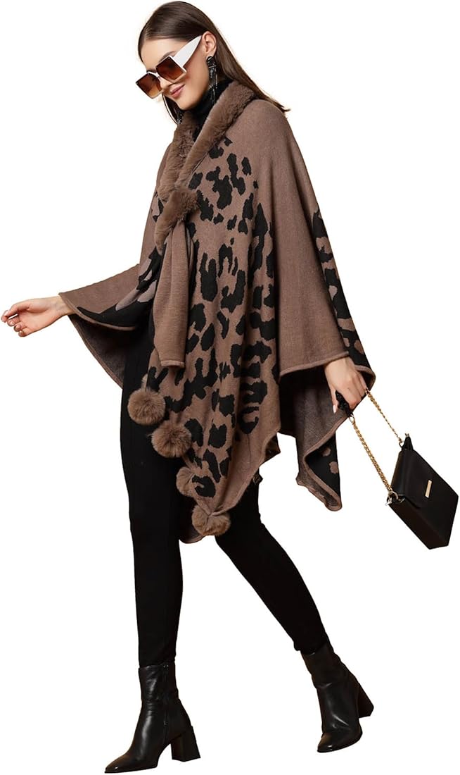 FC Woollen Knitted Furr Neck Women Printed poncho Capes