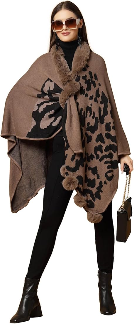 FC Woollen Knitted Furr Neck Women Printed poncho Capes