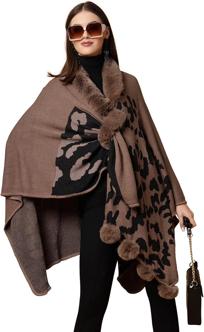 FC Woollen Knitted Furr Neck Women Printed poncho Capes