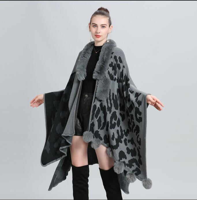 FC Woollen Knitted Furr Neck Women Printed poncho Capes