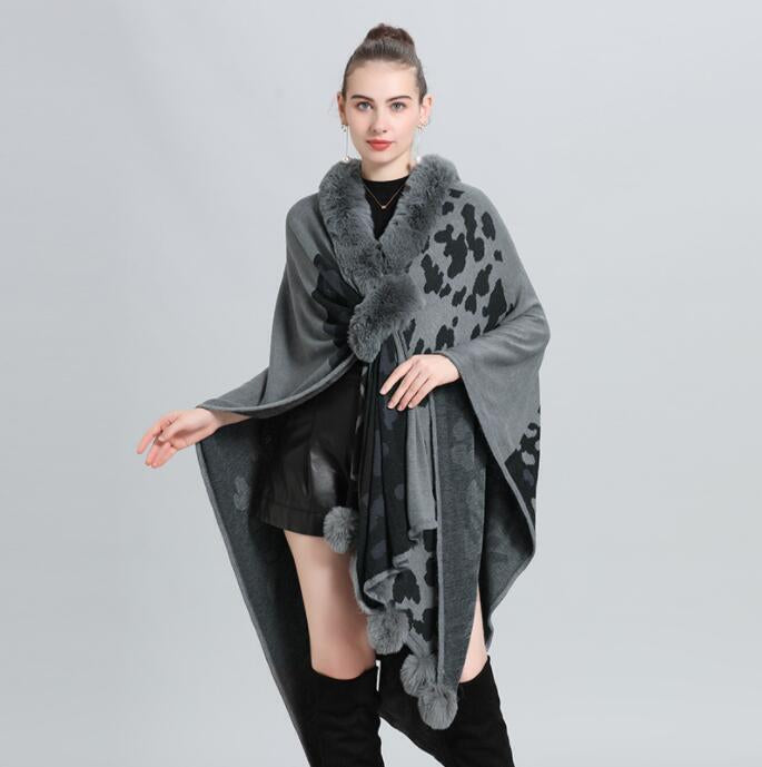 FC Woollen Knitted Furr Neck Women Printed poncho Capes