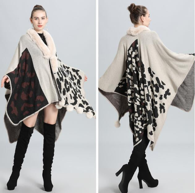 FC Woollen Knitted Furr Neck Women Printed poncho Capes