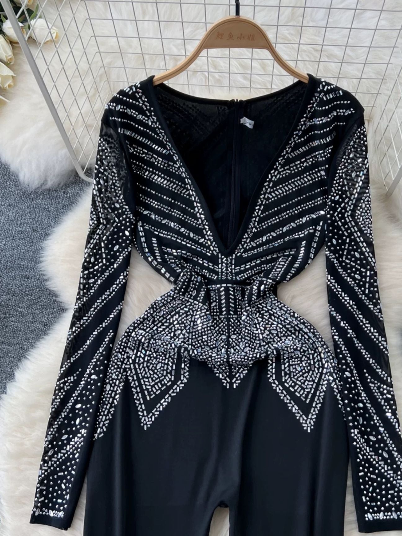 Rhinestone Deep V Neck Jumpsuit FC1451