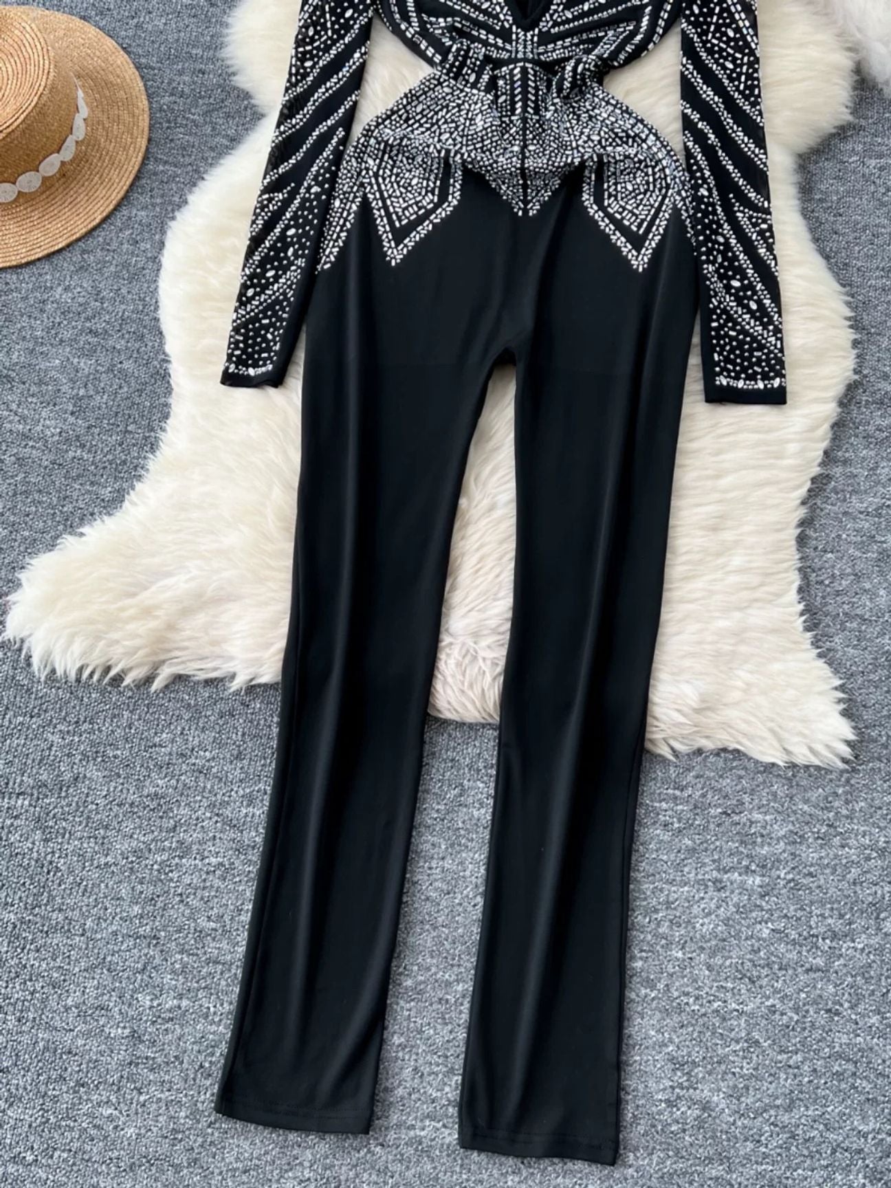 Rhinestone Deep V Neck Jumpsuit FC1451
