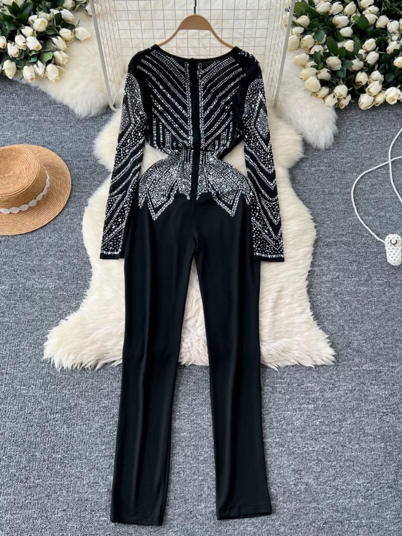 Rhinestone Deep V Neck Jumpsuit FC1451
