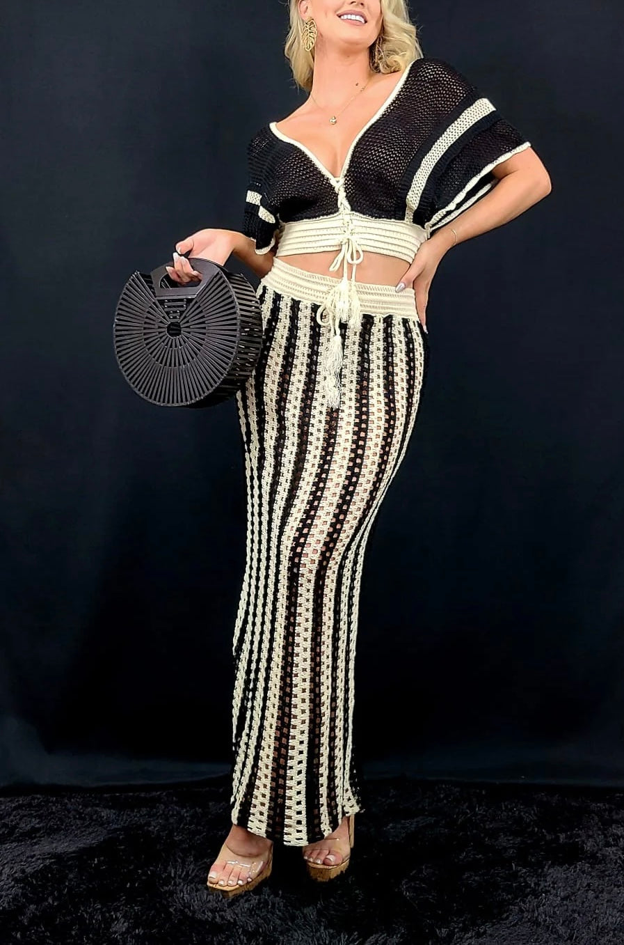 Deep V Neck Crochet Two Piece Skirt Set FC1866