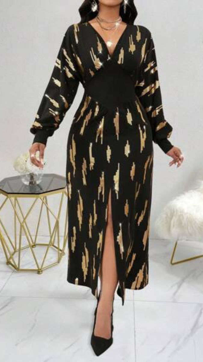 Lantern Sleeve Deep V Neckline Split Thigh Sequin Bodycon Dress FC1900