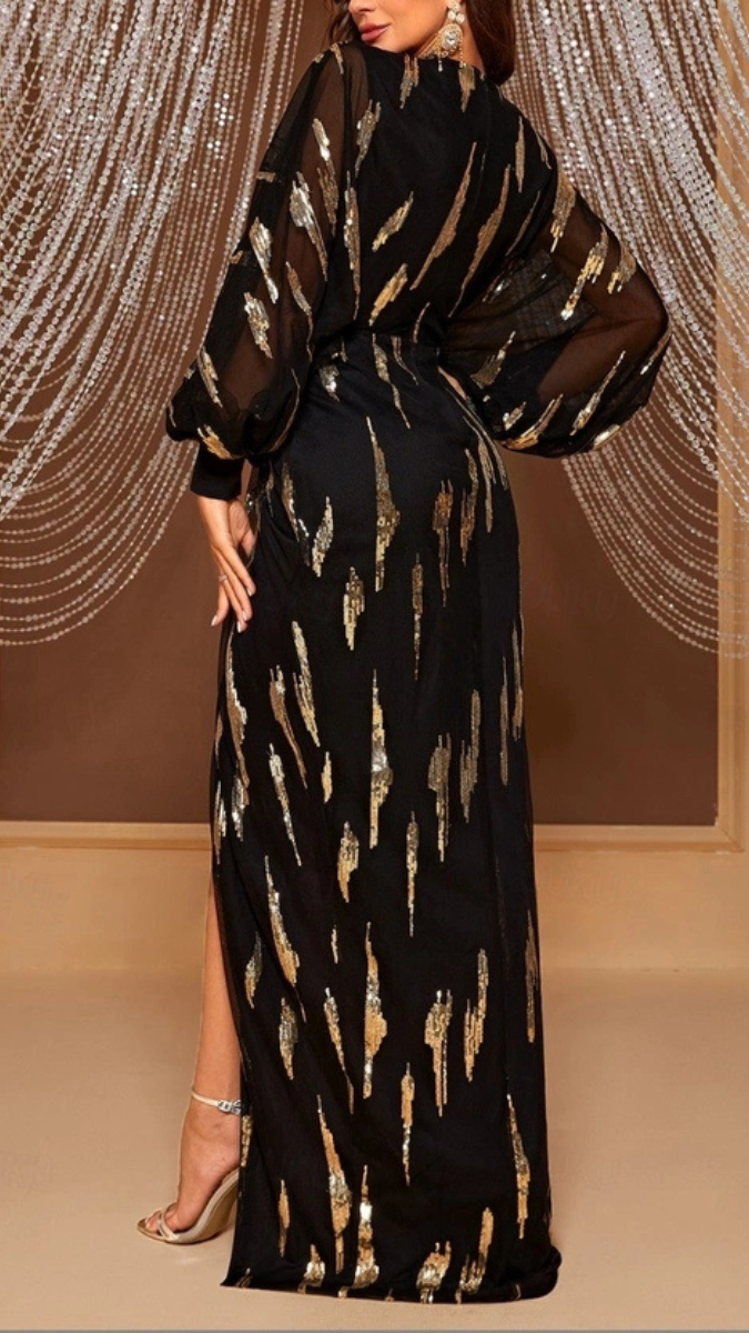 Lantern Sleeve Deep V Neckline Split Thigh Sequin Bodycon Dress FC1900