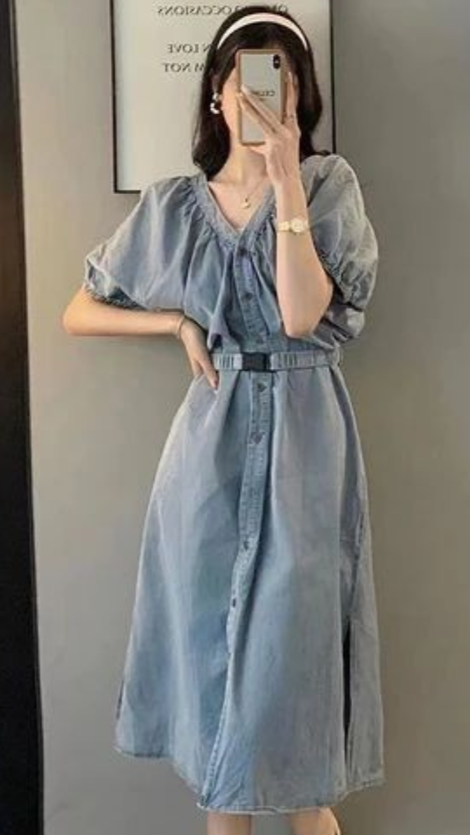 Denim one piece dress online best sale