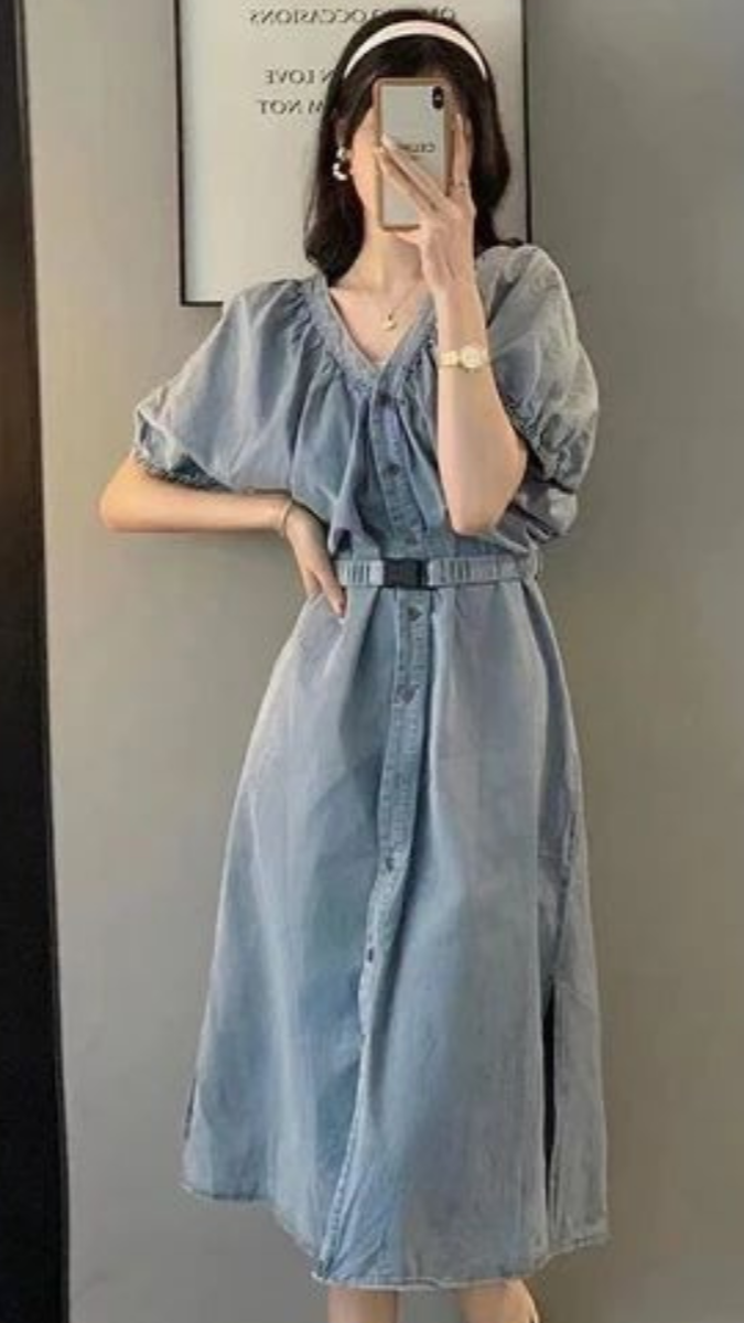 Mid-Length Denim One-Piece Dress
