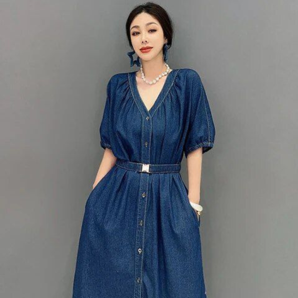 Mid-Length Denim One-Piece Dress
