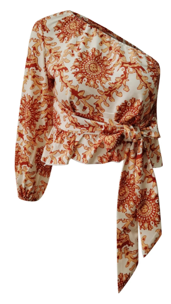 One Shoulder Bow Tie Front Ruffle Top FC1873
