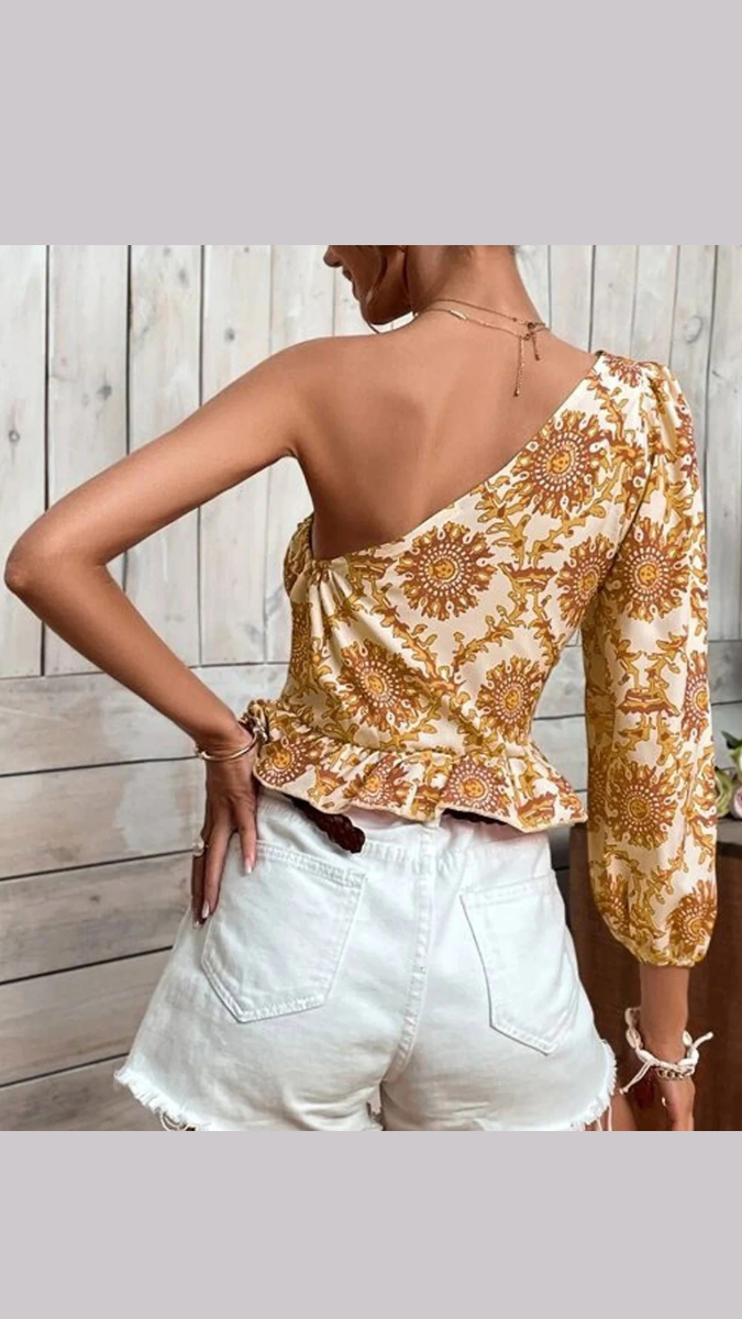 One Shoulder Bow Tie Front Ruffle Top FC1873