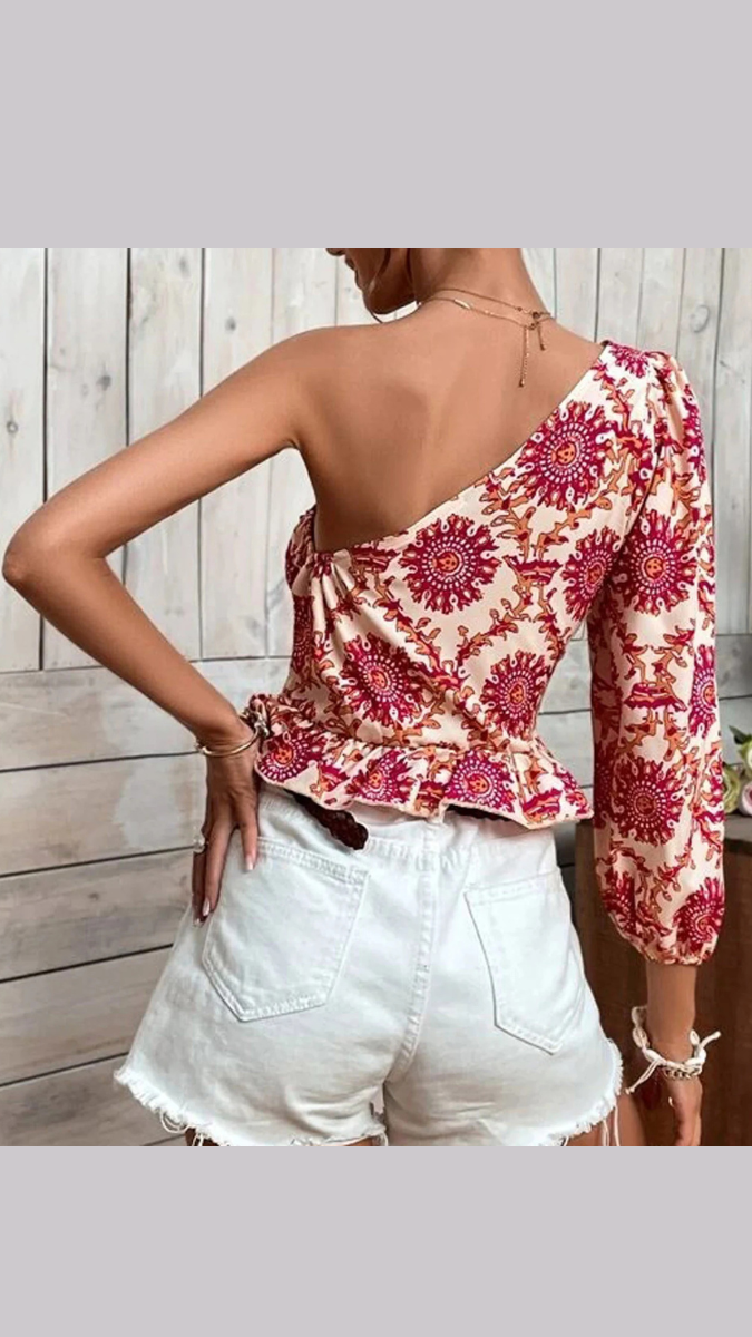One Shoulder Bow Tie Front Ruffle Top FC1873