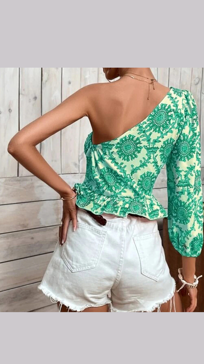 One Shoulder Bow Tie Front Ruffle Top FC1873