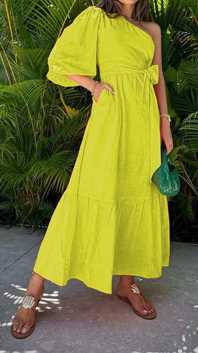 One Shoulder Puff Sleeve High Waist Pocket Dress FC1863