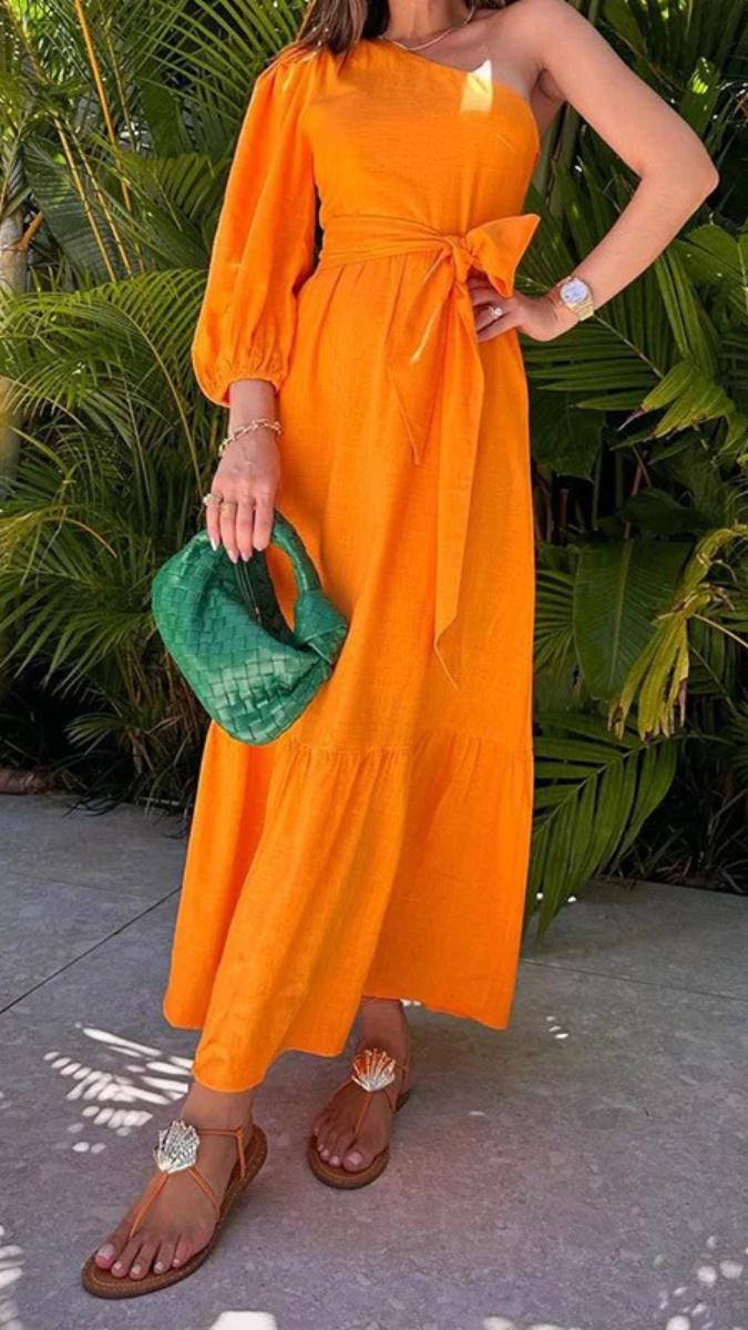 One Shoulder Puff Sleeve High Waist Pocket Dress FC1863