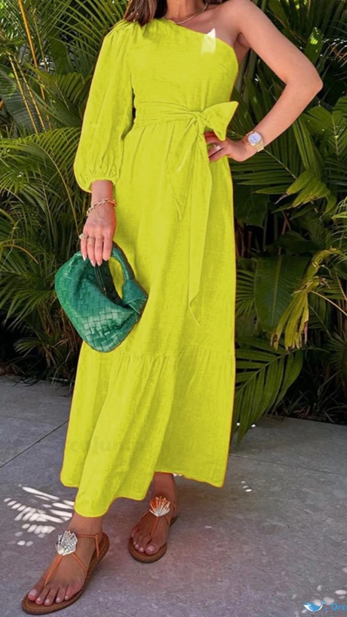 One Shoulder Puff Sleeve High Waist Pocket Dress FC1863