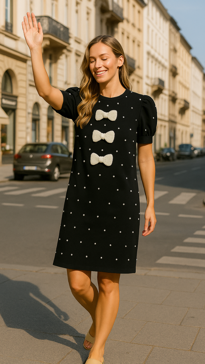 Pearl Design Bow Embedded Mini Dress FC1935