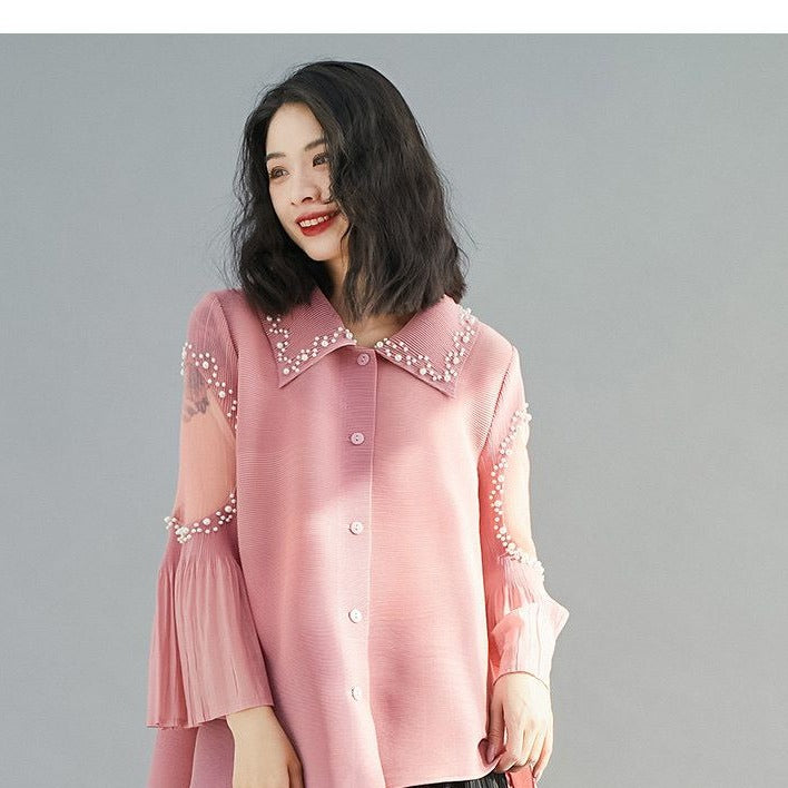 Pearls Beading Long Flare Sleeve Pleated