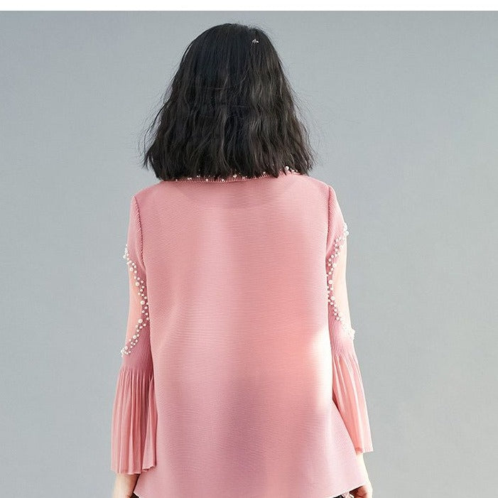 Pearls Beading Long Flare Sleeve Pleated