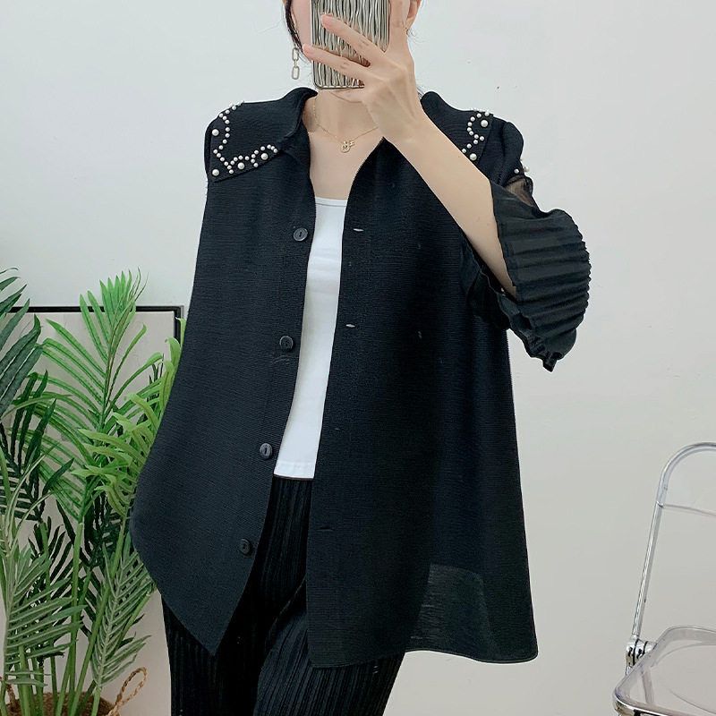Pearls Beading Long Flare Sleeve Pleated
