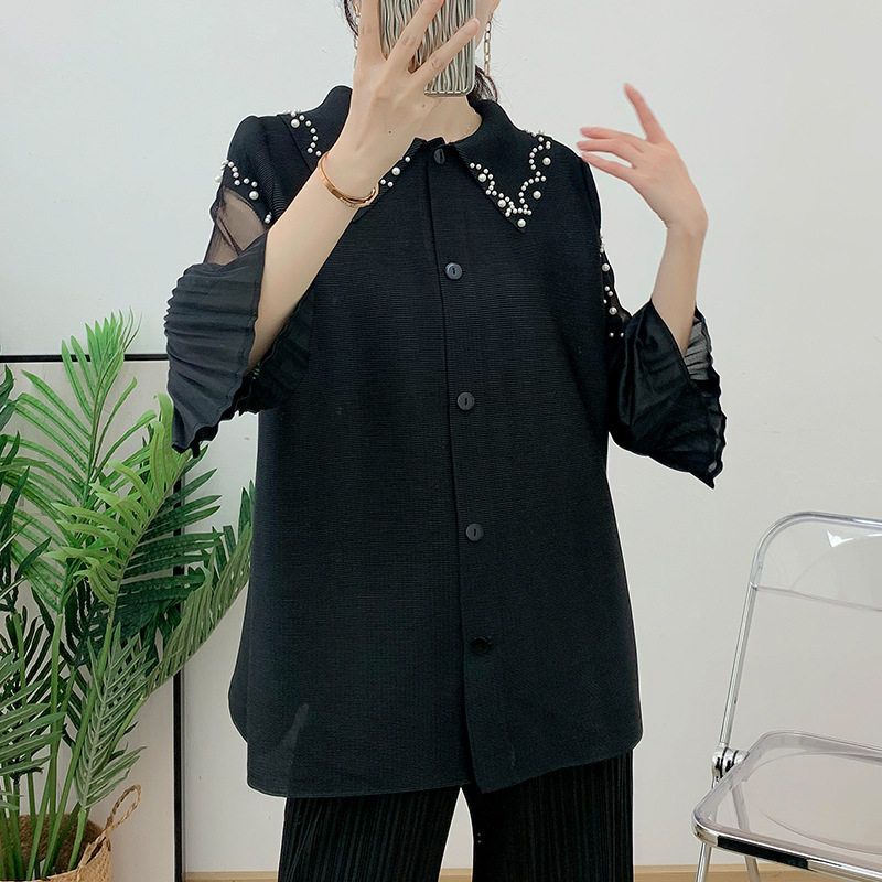 Pearls Beading Long Flare Sleeve Pleated