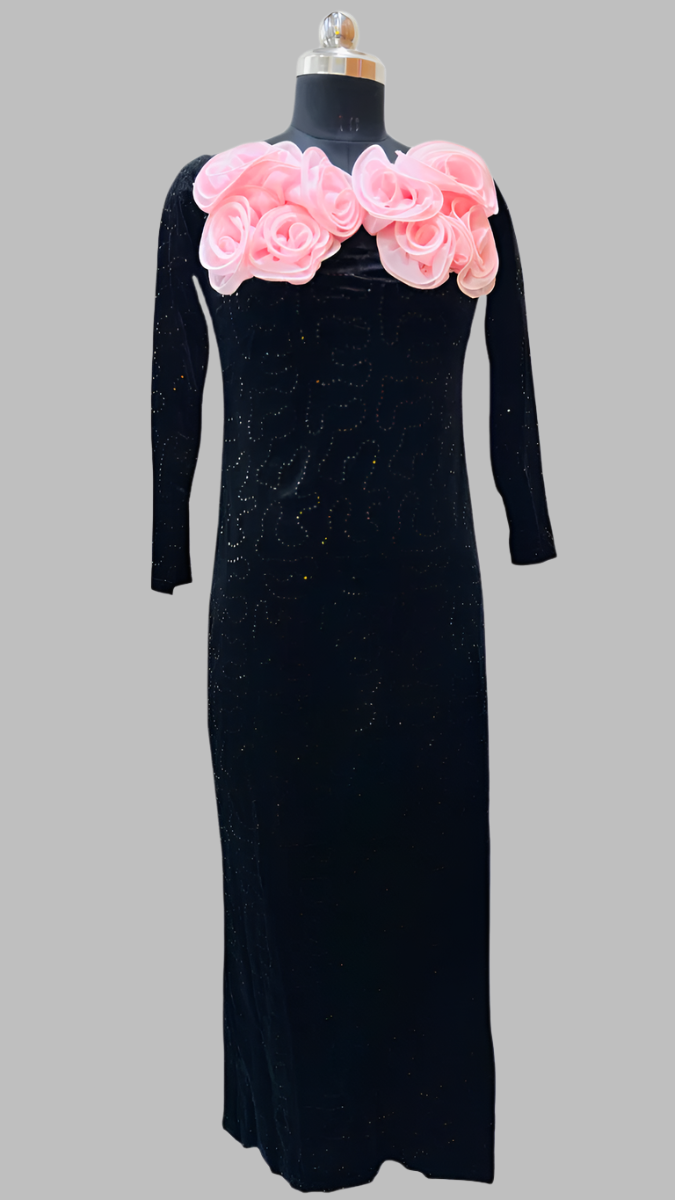 Pink Flower Embedded Black Dress FC1764