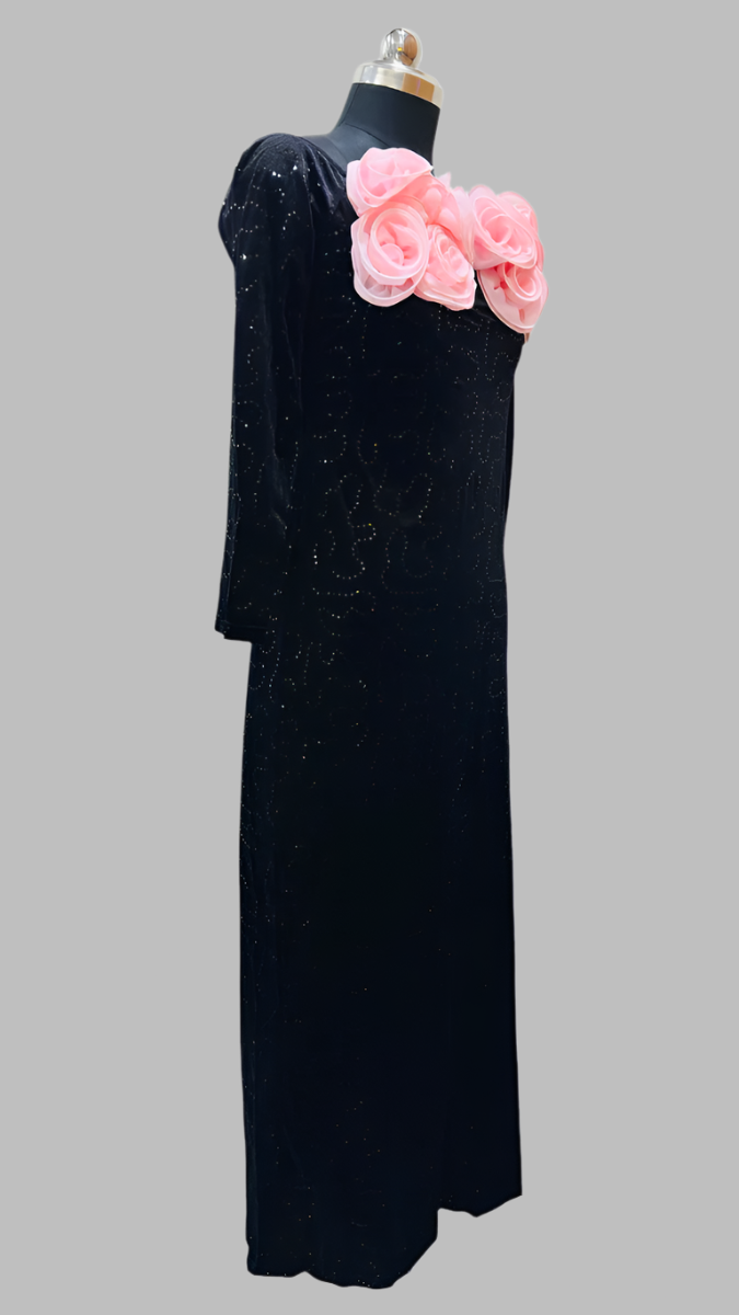 Pink Flower Embedded Black Dress FC1764