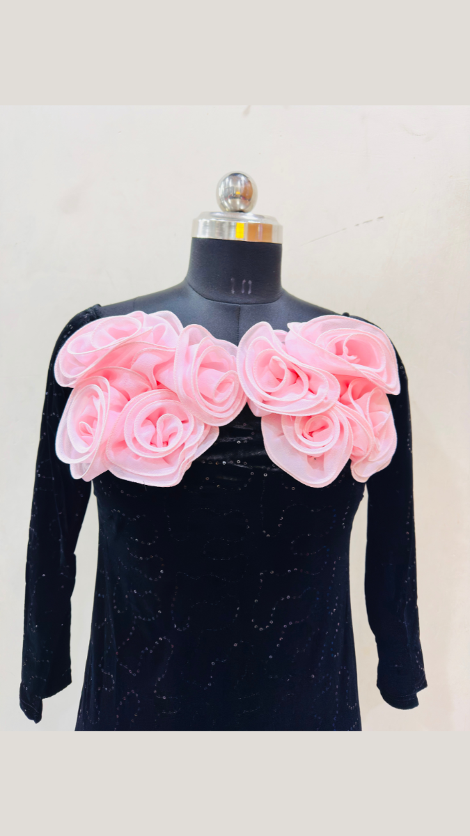Pink Flower Embedded Black Dress FC1764