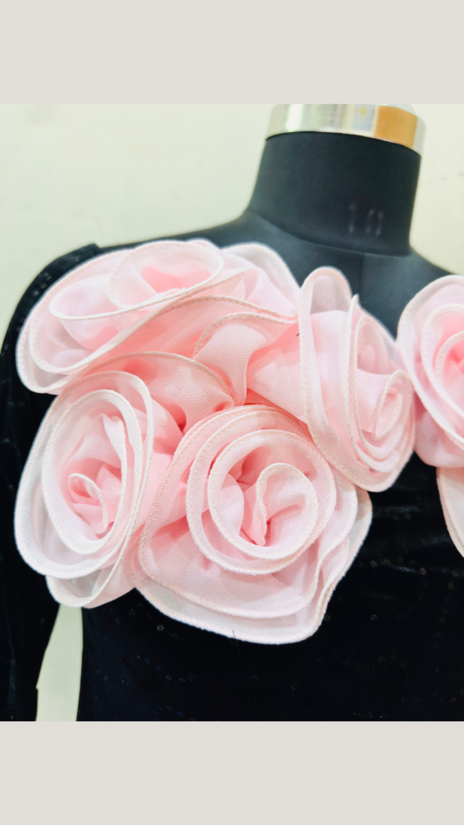 Pink Flower Embedded Black Dress FC1764