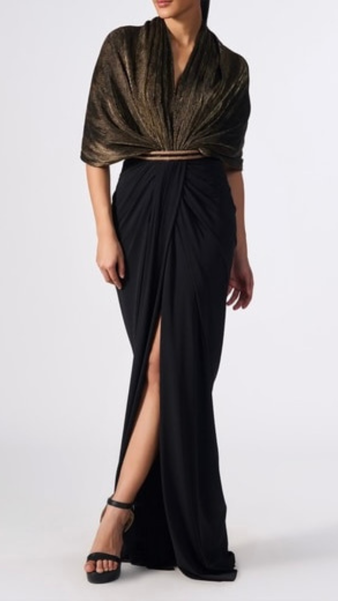 Pleated Cape Style Draped High Slit Dress FC1911
