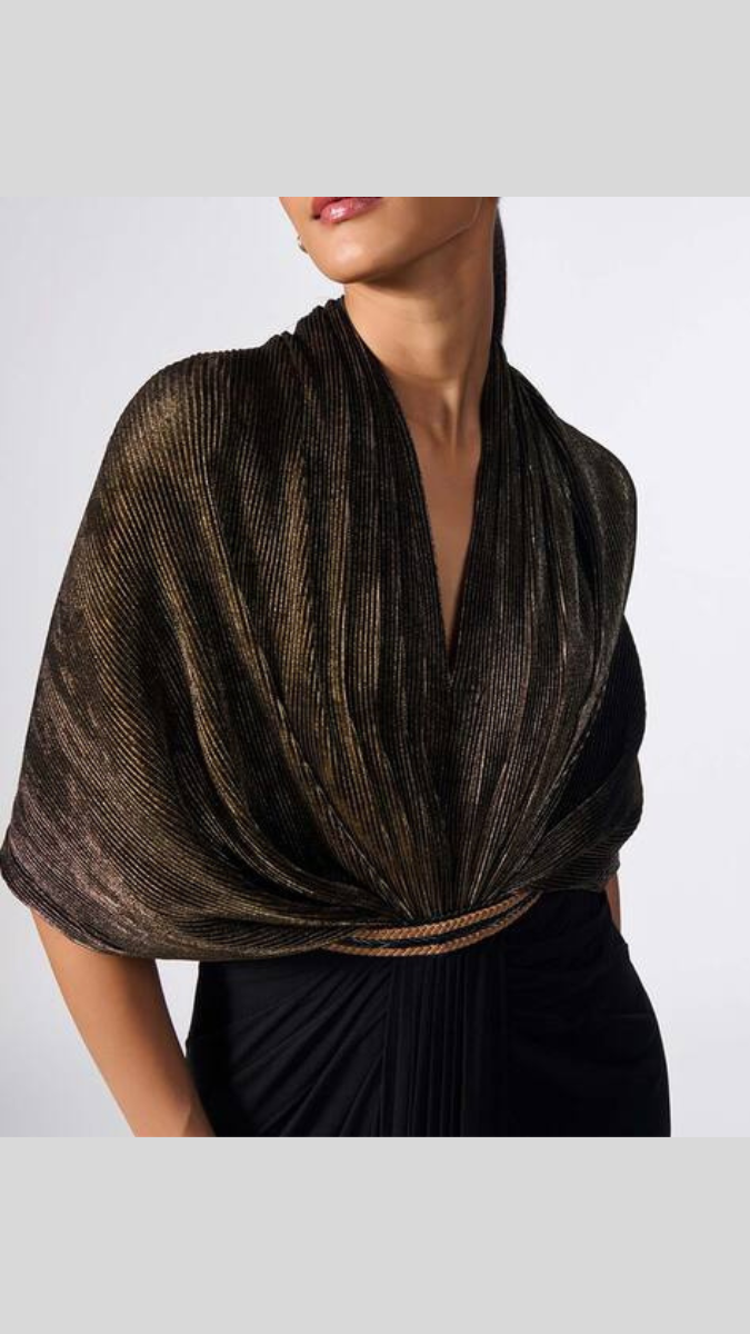 Pleated Cape Style Draped High Slit Dress FC1911