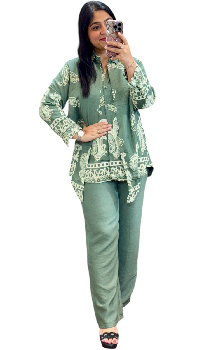 Printed Shirt With Plain Trouser Coord Set FC1887