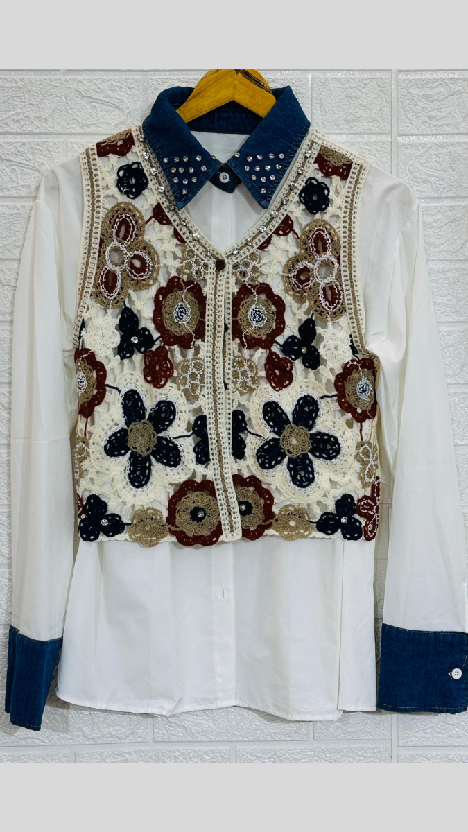Rhinestone Crochet Crop Jacket With Plain Shirt FC1846