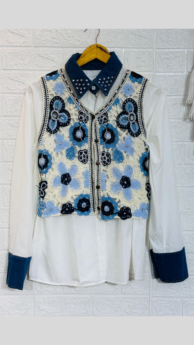 Rhinestone Crochet Crop Jacket With Plain Shirt FC1846