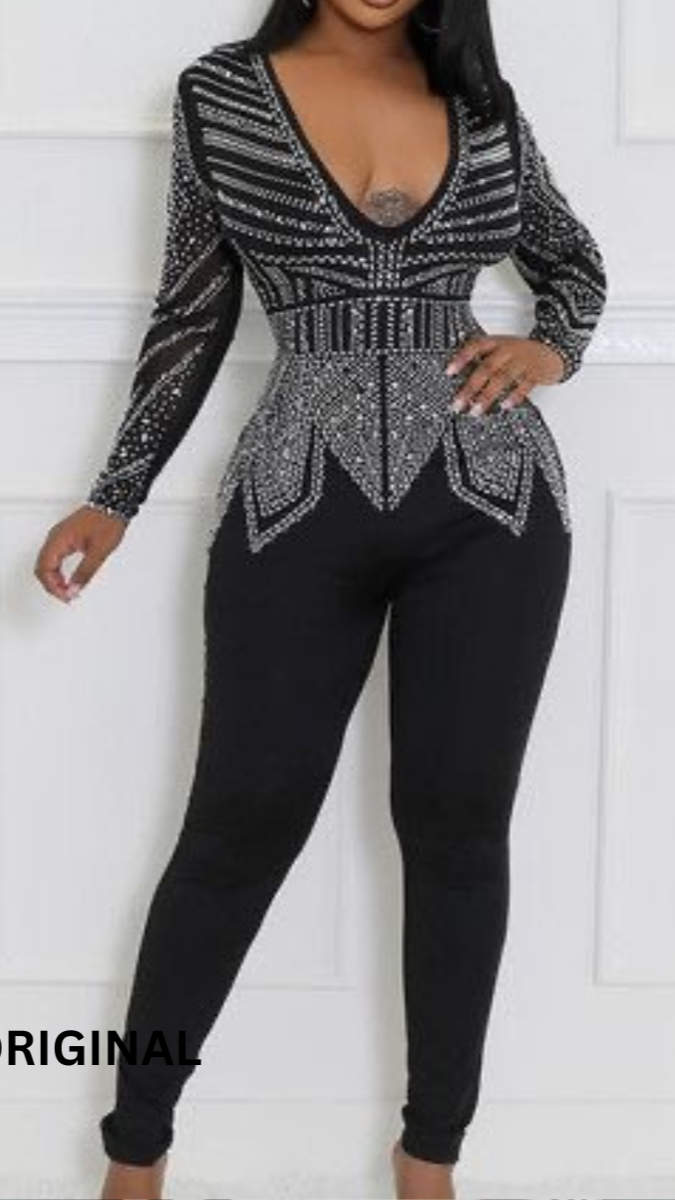 Rhinestone Deep V Neck Jumpsuit FC1451
