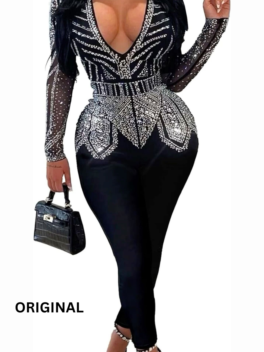 Rhinestone Deep V Neck Jumpsuit FC1451