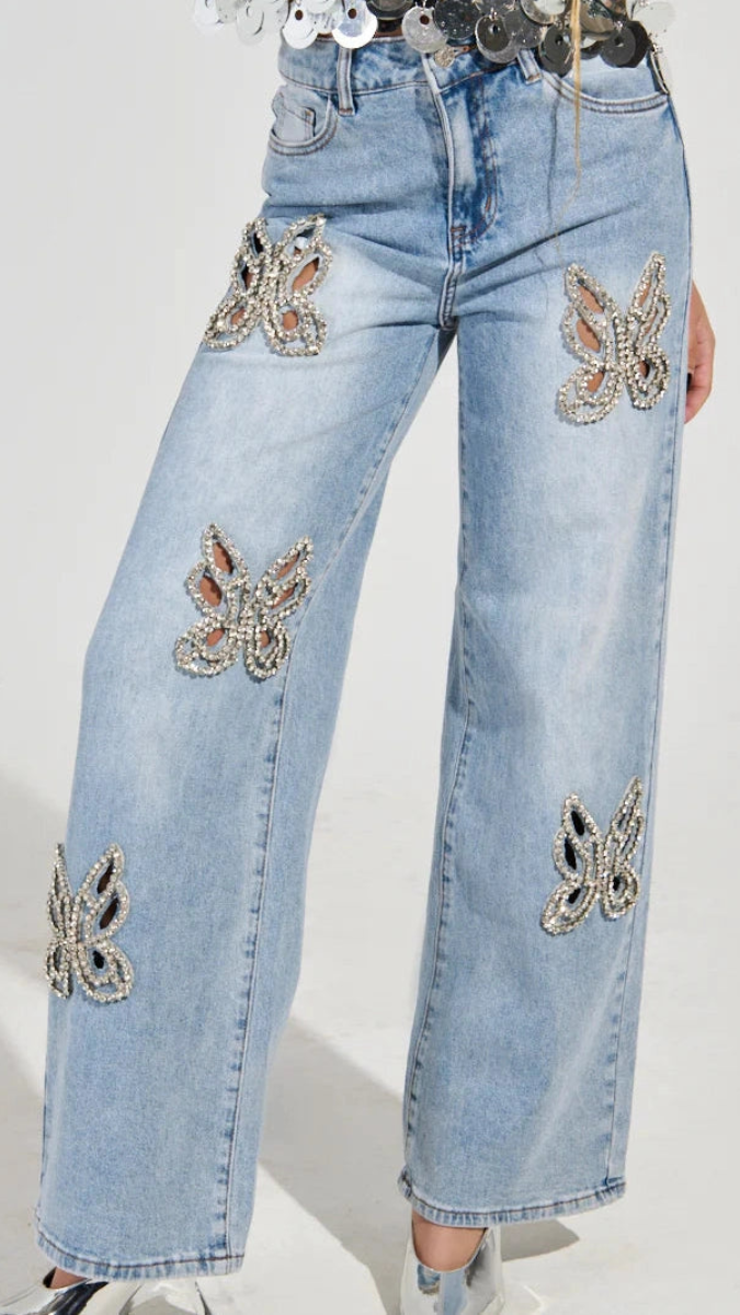 Rhinestone Design Butterfly Cut Out Jeans FC1937