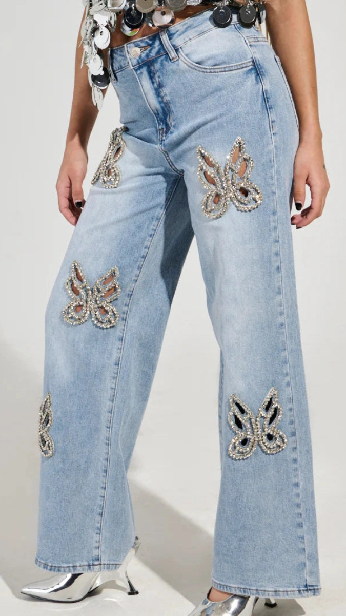 Rhinestone Design Butterfly Cut Out Jeans FC1937