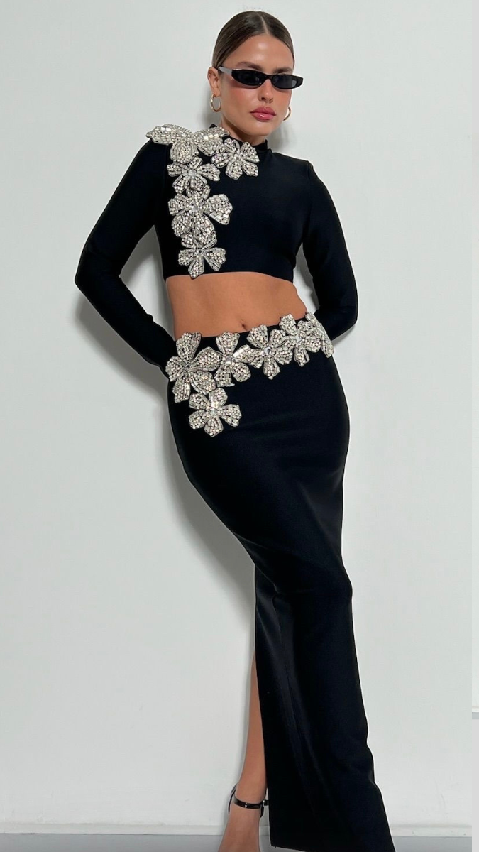 Rhinestone Design Crop Top And Skirt FC1593