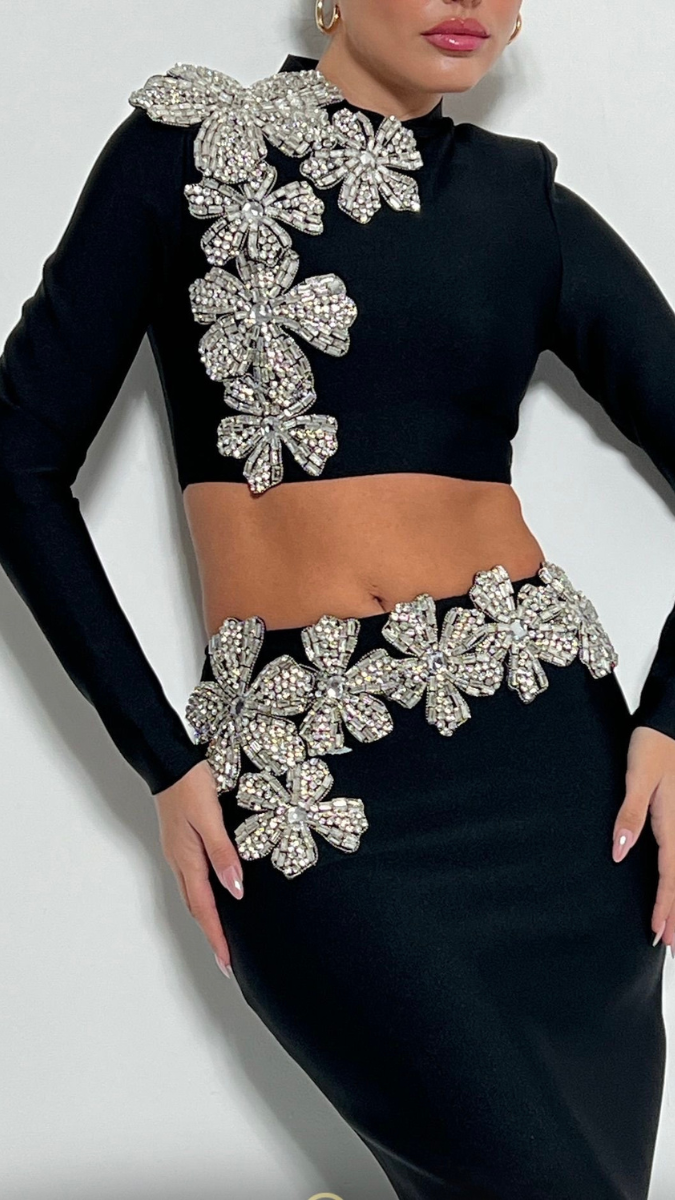 Rhinestone Design Crop Top And Skirt FC1593