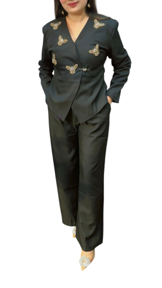 Rhinestone Design Embedded Coat With Pant FC1928