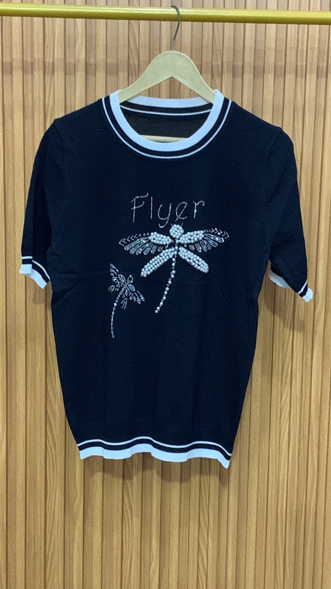 Rhinestone Designed Half Sleeve Round Neck Top FC1911